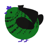 A leaf and black chicken with a bar pattern