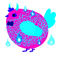 A fuchsia and aqua chicken with a double-lace pattern