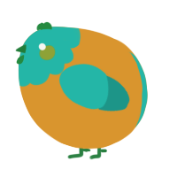 A orange and turquoise chicken with a head pattern