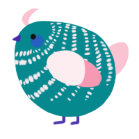 A teal and rose chicken with a bar pattern