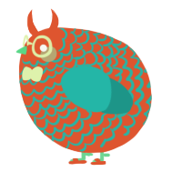 A vermilion and turquoise chicken with a lace pattern