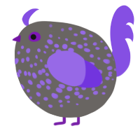 A grey and blurple chicken with a speckle pattern