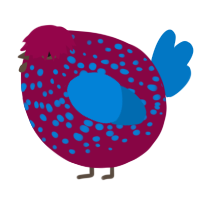 A maroon and sapphire chicken with a speckle pattern