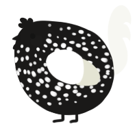 A sable and white chicken with a speckle pattern