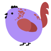 A lilac and red chicken with a neck-speckle pattern