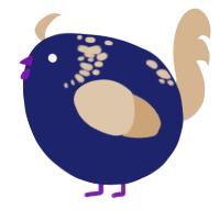 A navy and beige chicken with a neck-speckle pattern