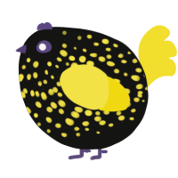 A black and yellow chicken with a speckle pattern