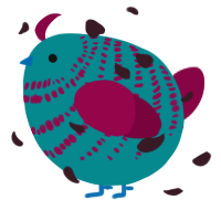 A teal and maroon chicken with a bar pattern