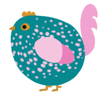 A teal and pink chicken with a speckle pattern