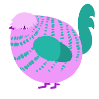 A lavender and turquoise chicken with a bar pattern
