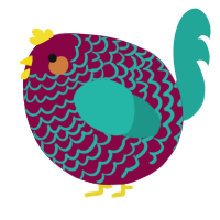 A maroon and turquoise chicken with a lace pattern