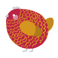 A crimson and ochre chicken with a lace pattern