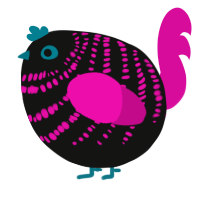 A black and fuchsia chicken with a bar pattern