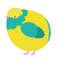 A yellow and turquoise chicken with a head pattern