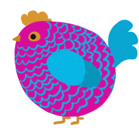 A fuchsia and cerulean chicken with a lace pattern