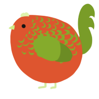 A vermilion and chartreuse chicken with a half-lace pattern