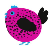 A fuchsia and black chicken with a speckle pattern