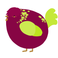A maroon and lime chicken with a neck-speckle pattern