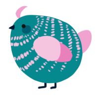 A teal and pink chicken with a bar pattern