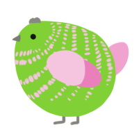 A grass and pink chicken with a bar pattern