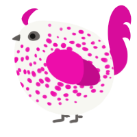 A white and fuchsia chicken with a speckle pattern