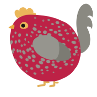 A crimson and ash chicken with a speckle pattern