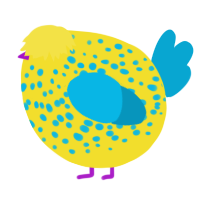 A yellow and cerulean chicken with a speckle pattern