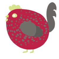 A crimson and grey chicken with a speckle pattern