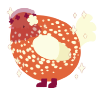 A vermilion and white chicken with a speckle pattern