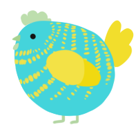 A aqua and yellow chicken with a bar pattern