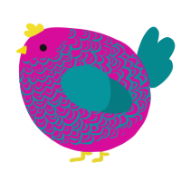 A fuchsia and teal chicken with a double-lace pattern