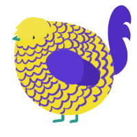 A yellow and indigo chicken with a lace pattern
