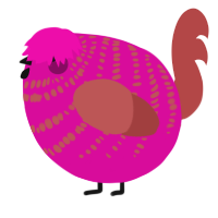 A fuchsia and red chicken with a bar pattern