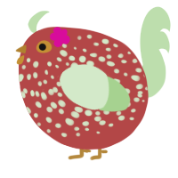 A red and gluppy chicken with a speckle pattern