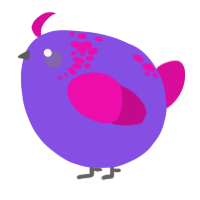 A blurple and fuchsia chicken with a neck-speckle pattern