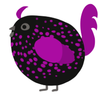A black and plum chicken with a speckle pattern