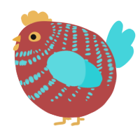 A red and aqua chicken with a bar pattern