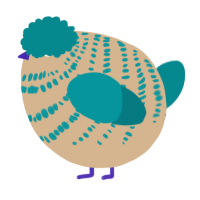 A beige and teal chicken with a bar pattern