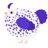 A white and indigo chicken with a speckle pattern