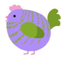 A lilac and chartreuse chicken with a bar pattern