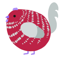 A crimson and silver chicken with a bar pattern