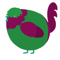 A viridian and wine chicken with a head pattern