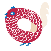 A crimson and cream chicken with a lace pattern