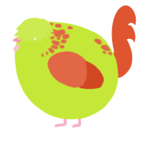 A lime and vermilion chicken with a neck-speckle pattern
