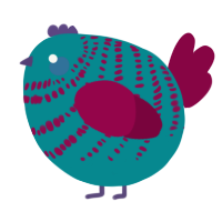 A teal and maroon chicken with a bar pattern