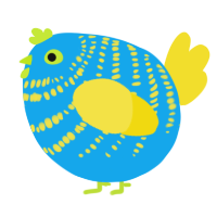 A sky and yellow chicken with a bar pattern