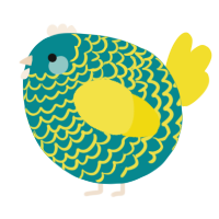 A teal and yellow chicken with a lace pattern