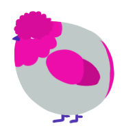 A silver and fuchsia chicken with a head pattern