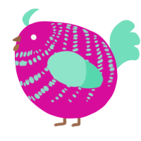 A fuchsia and mint chicken with a bar pattern