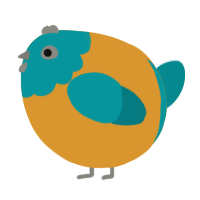 A orange and teal chicken with a head pattern